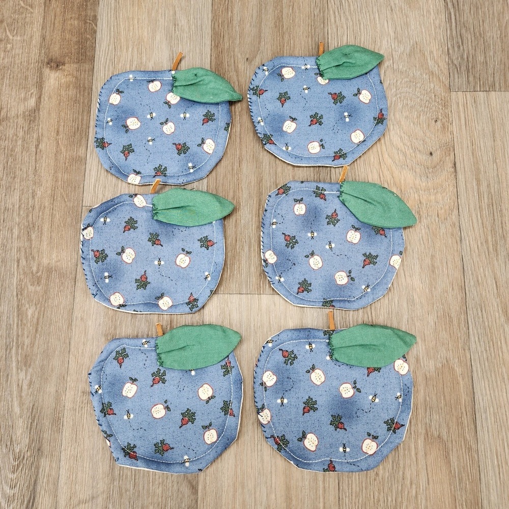 Vtg Handmade Apple Coasters Set of 6 Quilted Fabric Fruit Print Kitchen Decor